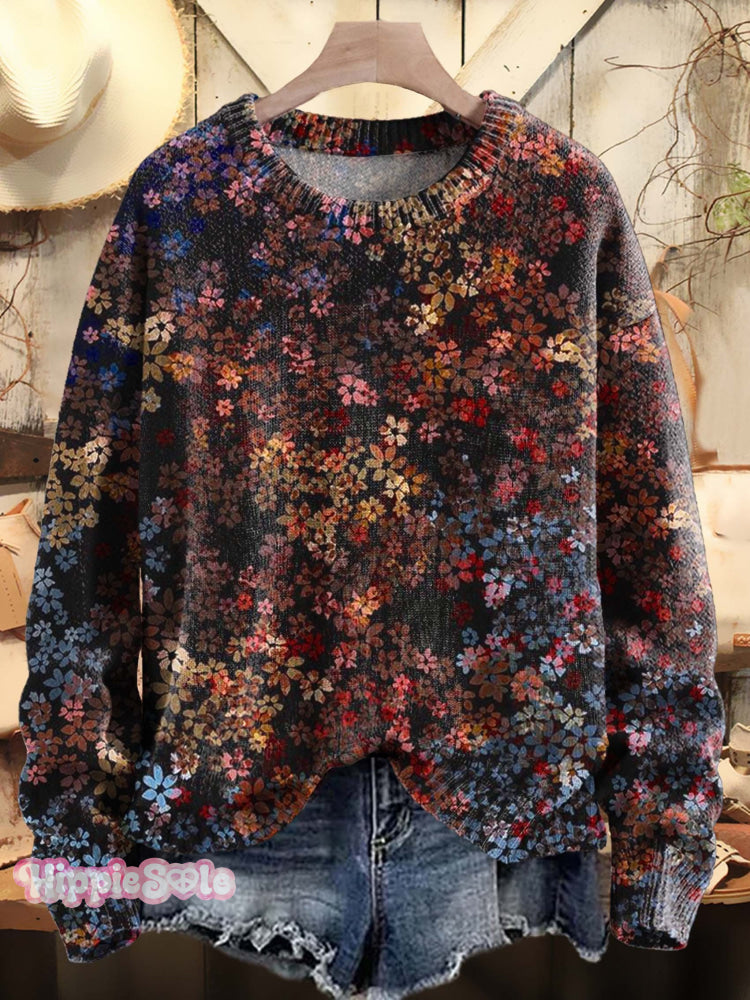 Vintage Floral Print Knit Pullover Sweater Multicolor / S