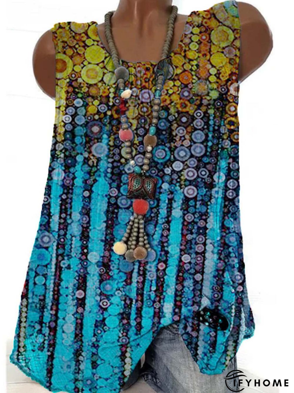 Ombre/Tie-Dye Sleeveless  Printed  Cotton-blend  Crew Neck  Casual  Summer  Blue Top | IFYHOME