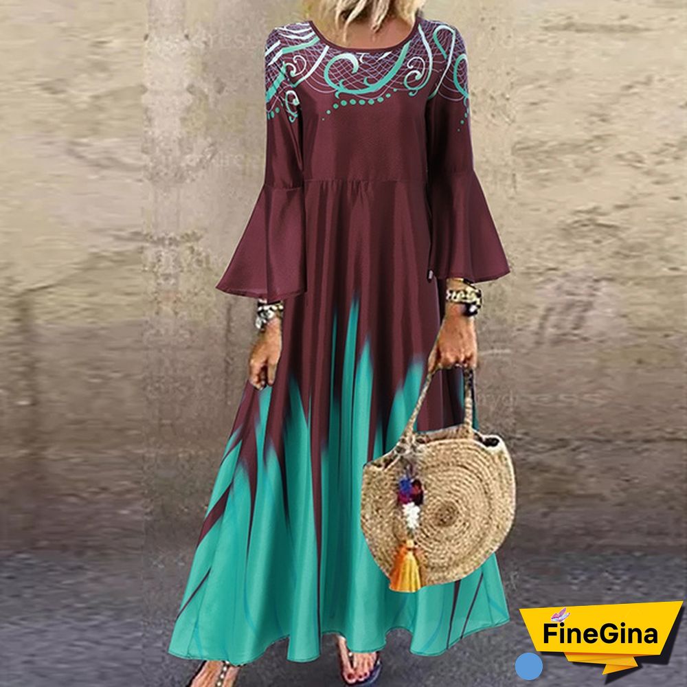 Women Kaftan Party Color Printed Long Shirt Dress Casual Flare Sleeve O Neck Slim Maxi Sundress