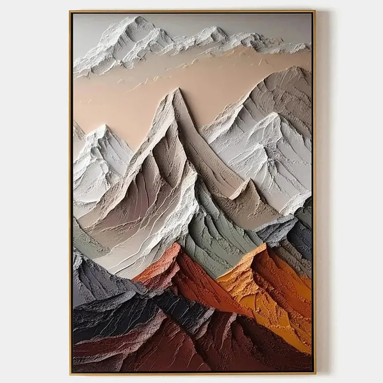 MAJESTIC PEAKS: Textured Impasto Mountain Landscape Painting in Earthy Tones（Canvas painting）