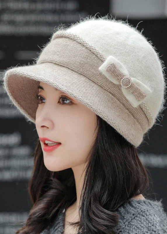 Women Khaki Bow Soft And Breathable Rabbit Fur Bucket Hat