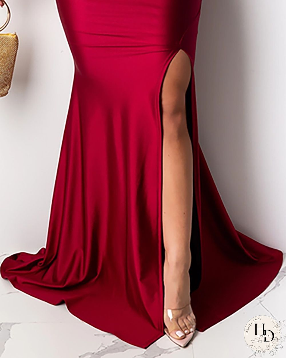 Off Shoulder Ruched Slit Evening Dress
