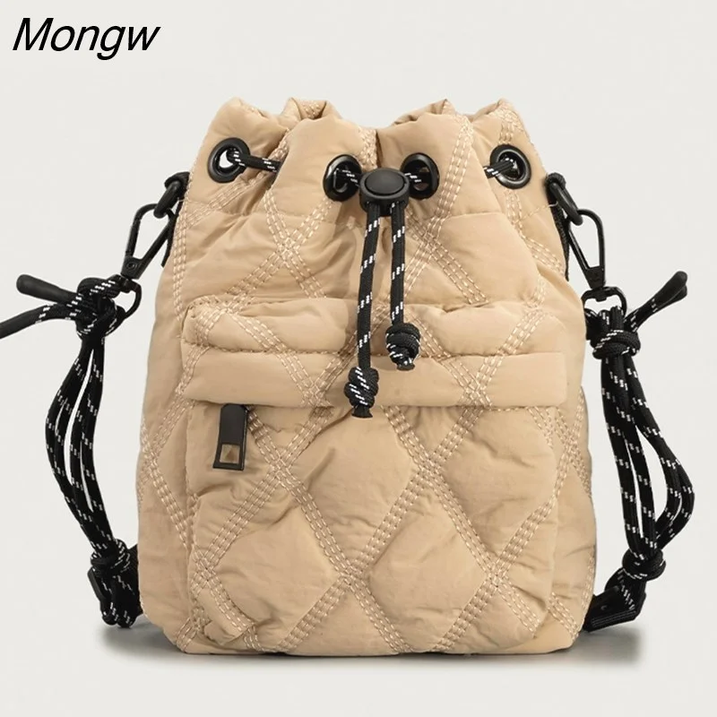 Mongw Nylon Padded Women Shoulder Bags Quilted Drawsting Crossbody Bag Vintage Bucket Bag Small Tote Female Purses 2023 Winter