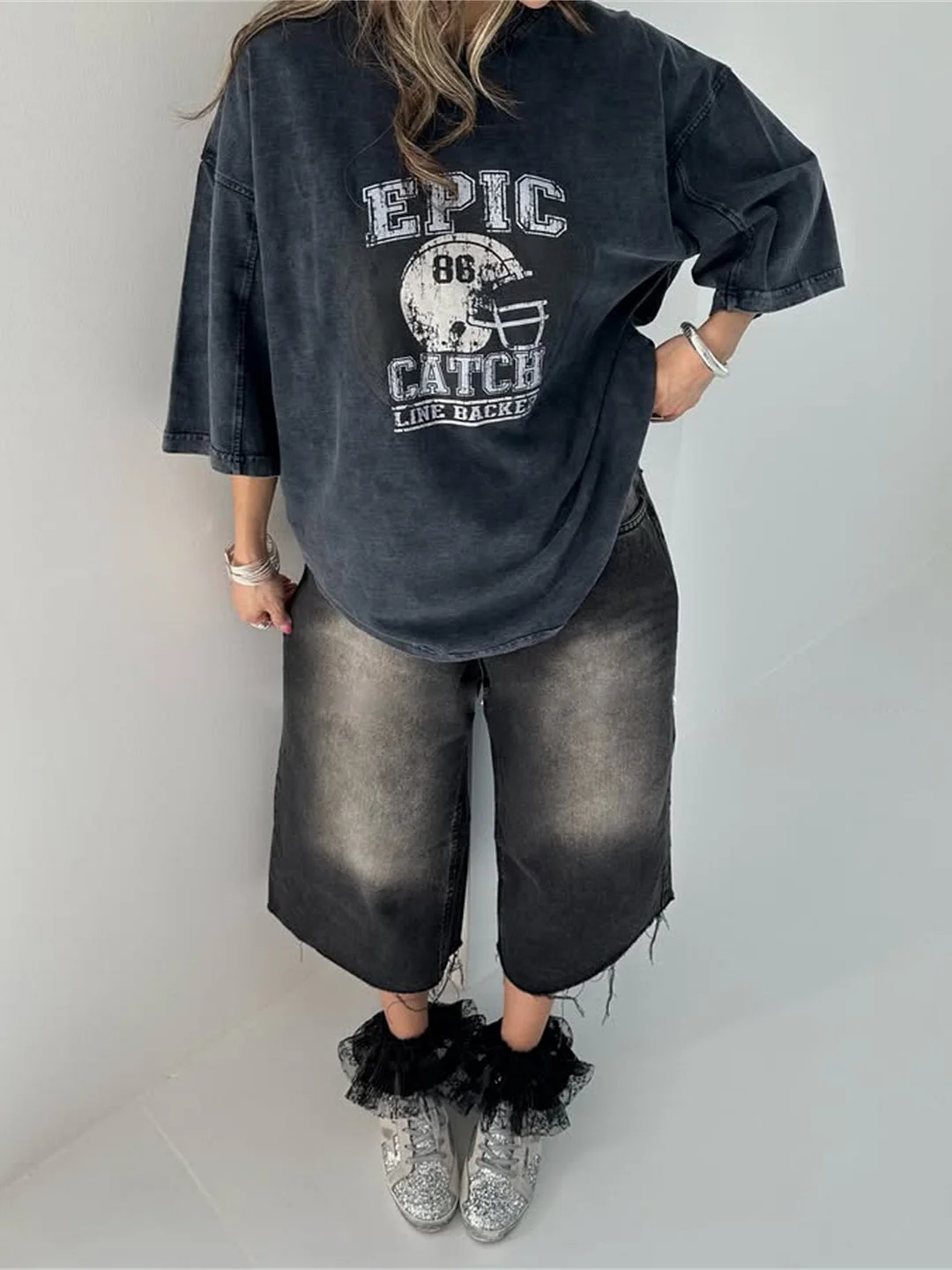 Athvotar Athvotar Street Trend Fashion To Do Old Washing Printing T-Shirt With Seven-Sleeve Top Loose Oversize Women