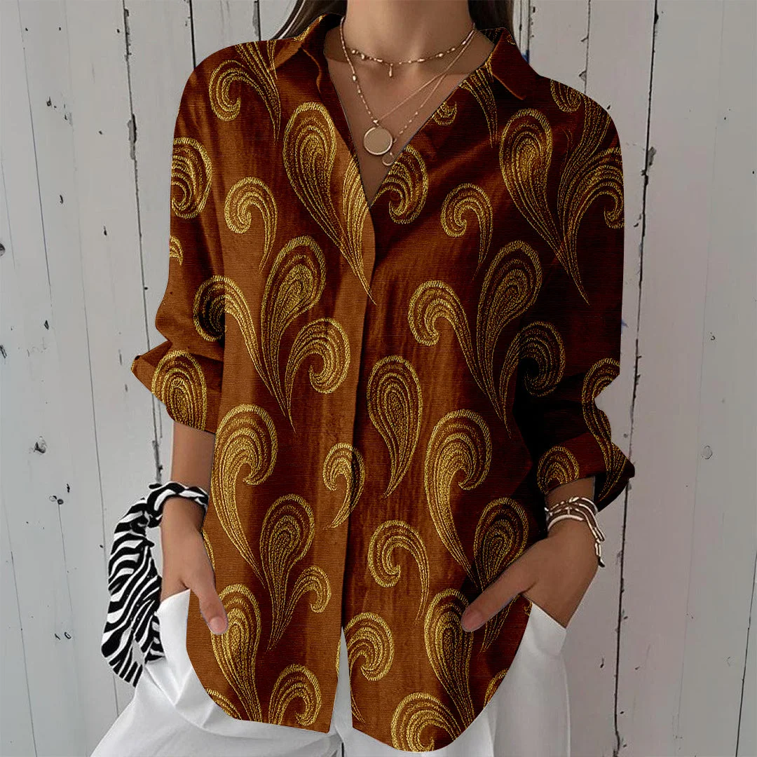 Style & Comfort for Mature Women Women Perris, Brown, Khaki DZCL0407 3/4 Sleeve Shirt Collar Printed Button Tops