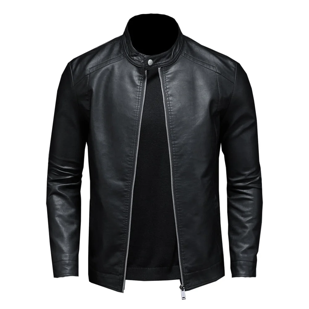 Huiketi Autumn Leather Jacket Men Stand Collar Slim Pu Leather Jacket Fashion Motorcycle Causal Coat Mens Moto Biker Leather Coat