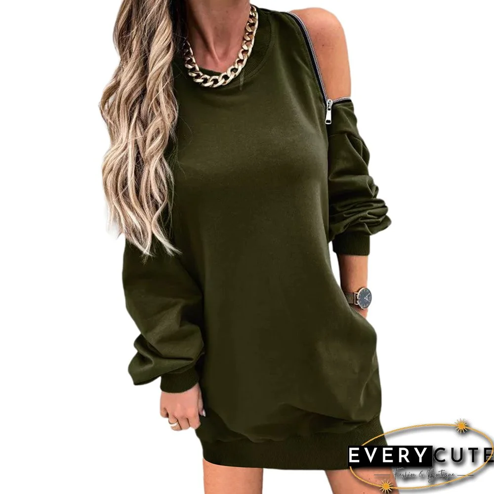 Army Green Crew Neck Zipper Cold Shoulder Sweatshirt