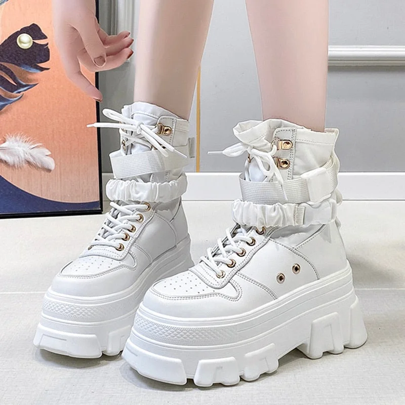 Green Punk Chunky Platform Motorcycle Boots Women Autumn Winter Gothic Shoes Woman Thick Bottom Lace Up Ankle Botas Mujer