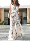 Floral Deep V-Neck Falbala Empire Vacation Sleeveless Maxi Dress