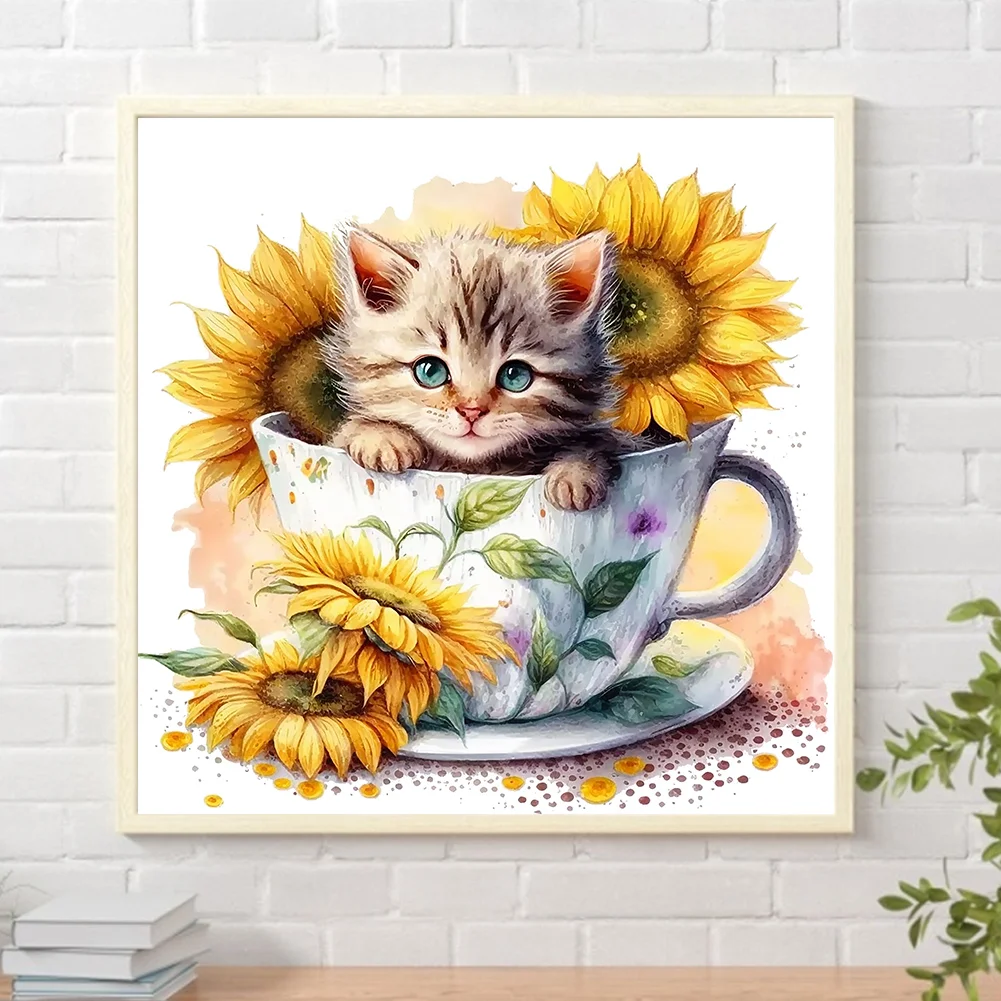 Diamond Painting - Full Square Drill - Cup Sunflower Cat(Canvas|35*35cm)