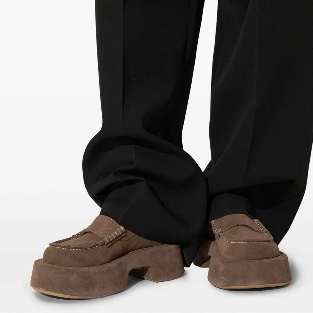 Comfortable Vegan Suede Round Toe Shoes Platform Loafers in Brown