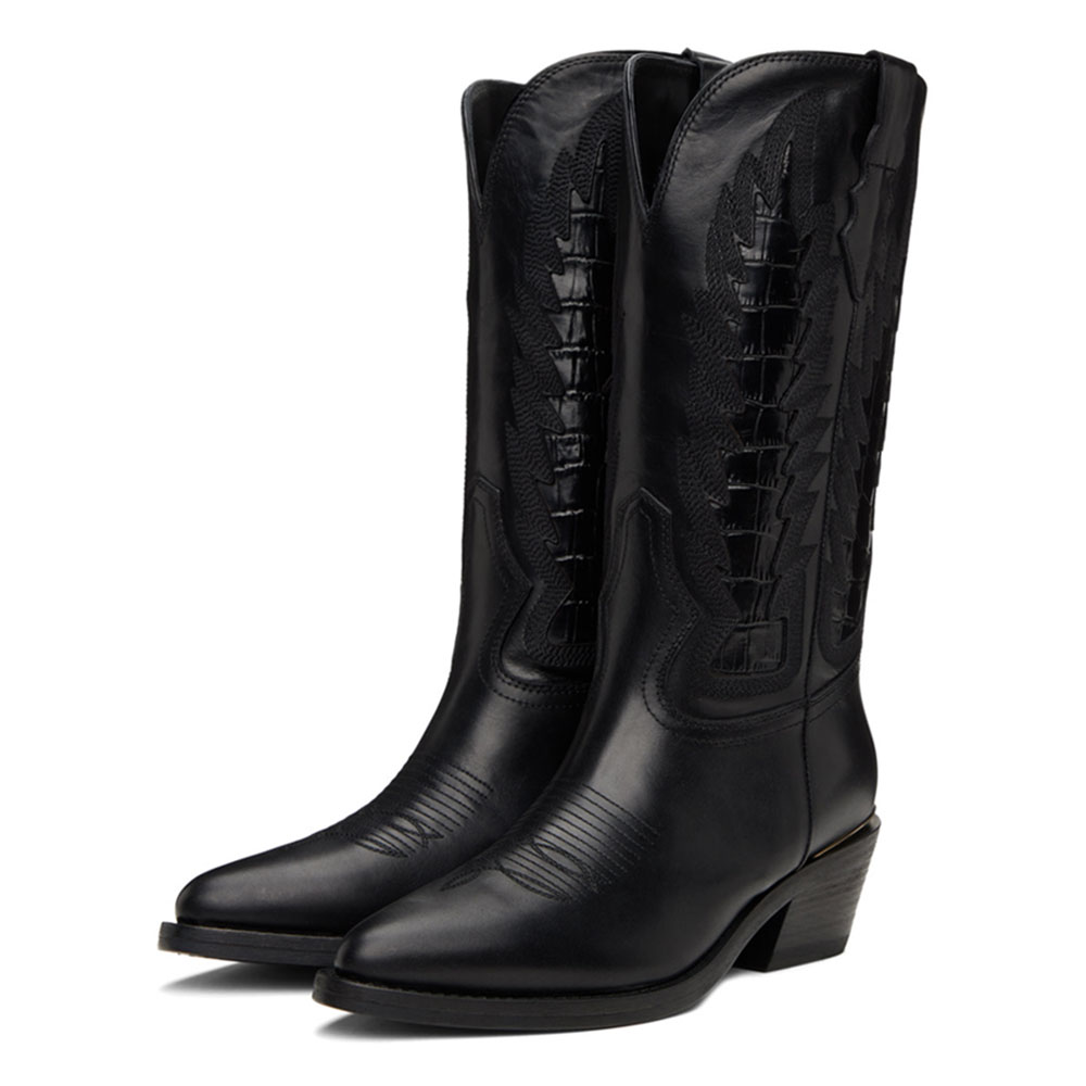 Black Vegan Leather Pointed Embroidered Croc Embossed Mid-Calf Cowgirl Boots