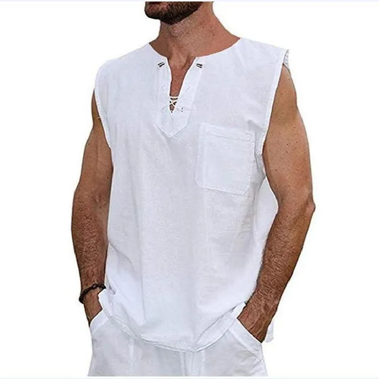 Men's Casual Cotton Linen Drawstring Sleeveless Shirt 59252738TO