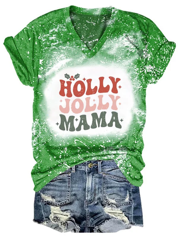 Short Sleeve V Neck Gradient Holly Jolly Mama Letter Printed T-shirt