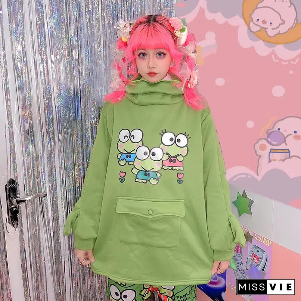 Cartoon Frog Print Pocket Plush Zipper Hoodie