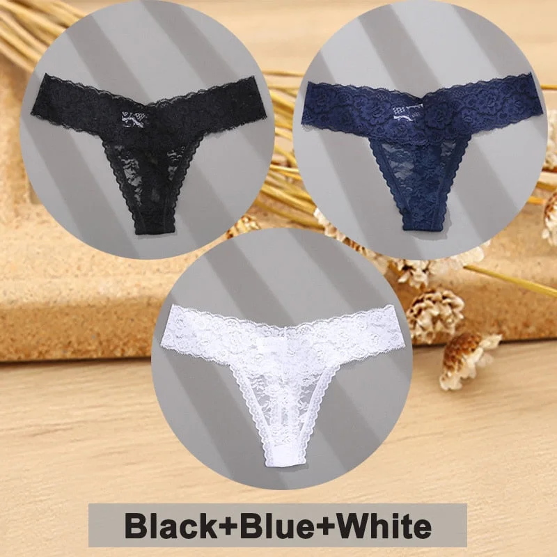 3PCS/Set Lace Panties Full Floral Underwear Women Panties Underpants Sexy Briefs Thong Lace G-String Female Lingerie Intimates