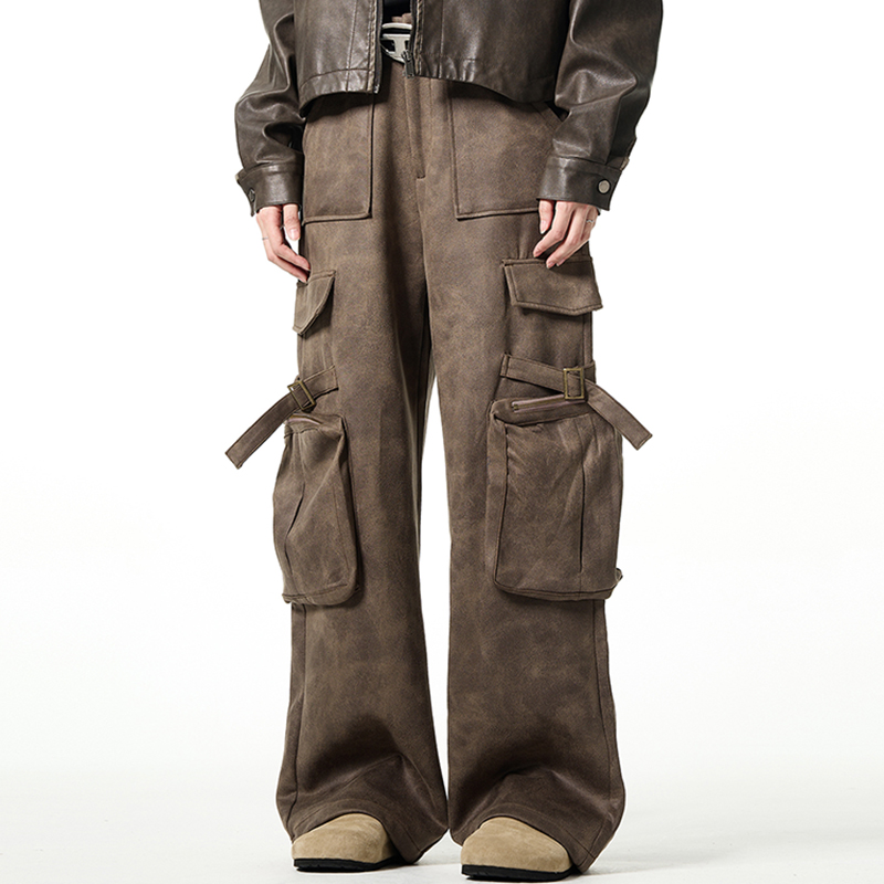 Vintage Coffee Washed Pocket Casual Cargo Pants - SOPULA