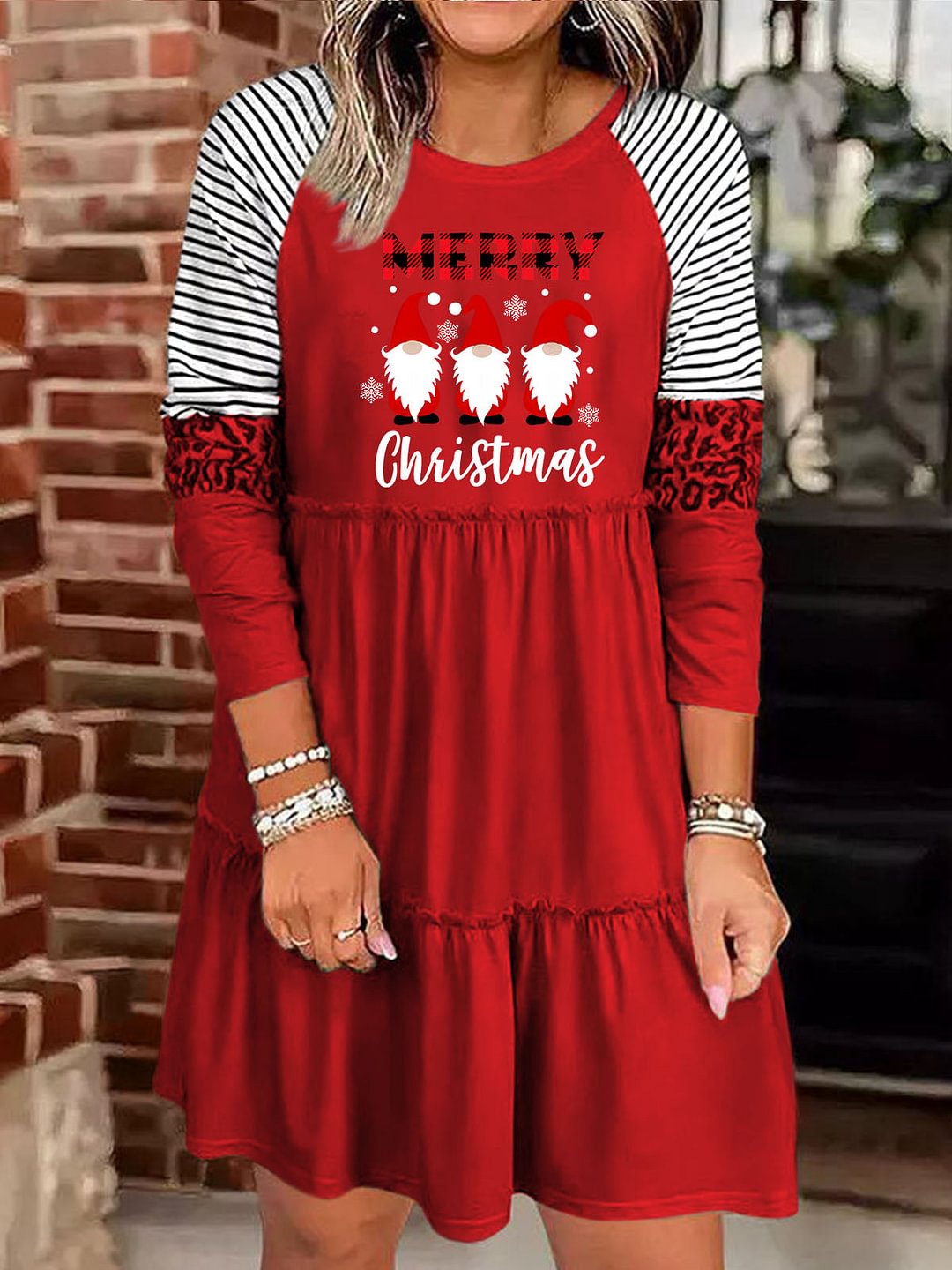 Merry Christmas Print Long Sleeve Dress