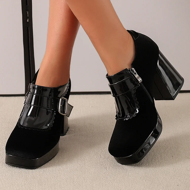 Patchwork Strap Buckle Decor Zipper Square Toe Chunky Heels