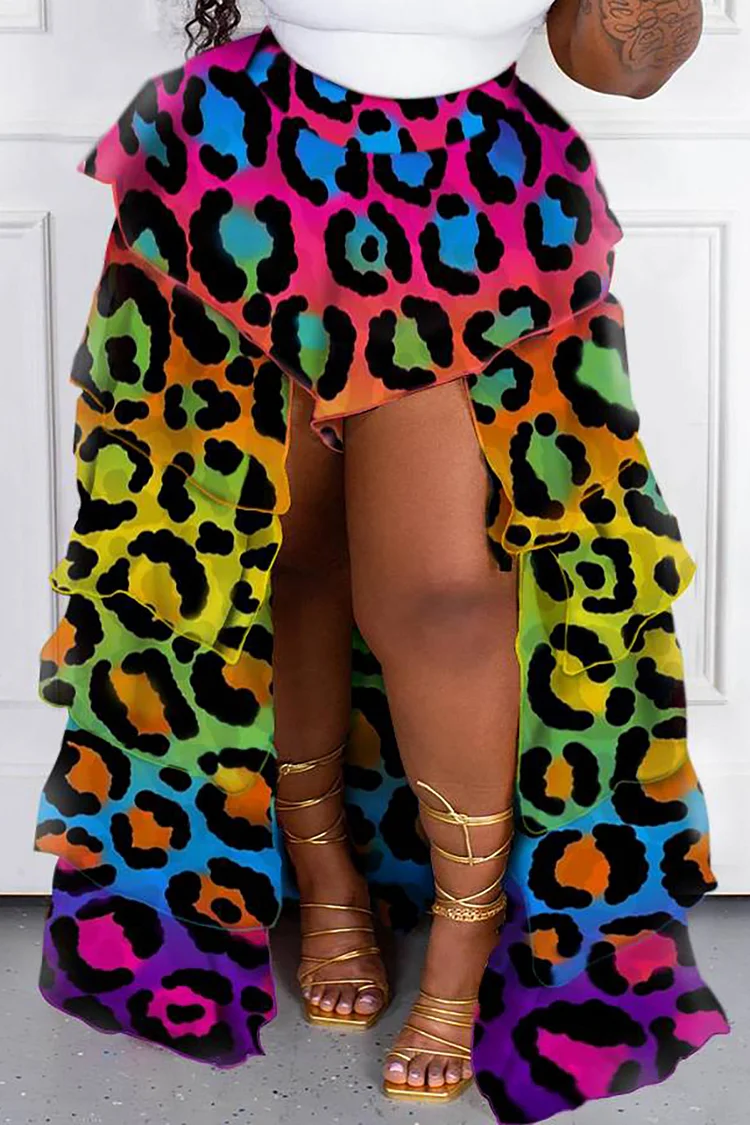 Plus Size Casual Rainbow Leopard Print Ruffle Overlay Skirts 