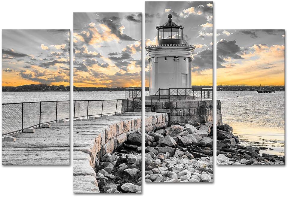 LoveHouse Canvas Wall Art for Living Room Black and White Ocean Sunset Beach Seascape Canvas Painting Lighthouse Ocean Artwork for Bedroom Bathroom Office Wall Decorations