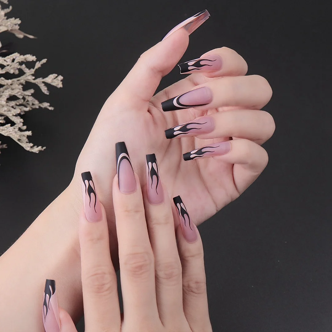 24pcs Black French False Nails Extra Long Fire Pattern Coffin Fake Nails with Glue Fingernail DIY Faux Ballerina Nail Art Tips-Nail Inspo