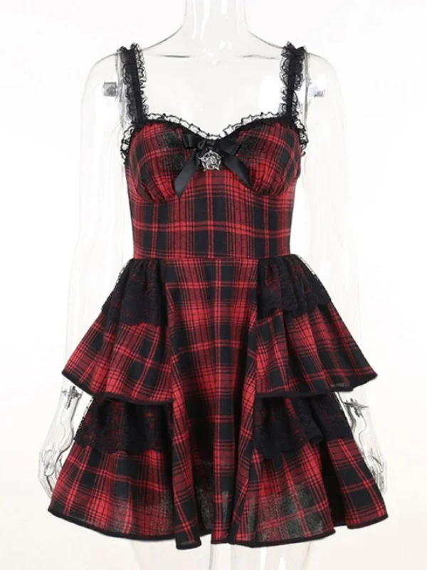 Gothic Dark Punk Spaghetti Sleeveless Lace Paneled Plaid Pattern Skater Bowknot High-rise Mini Dress