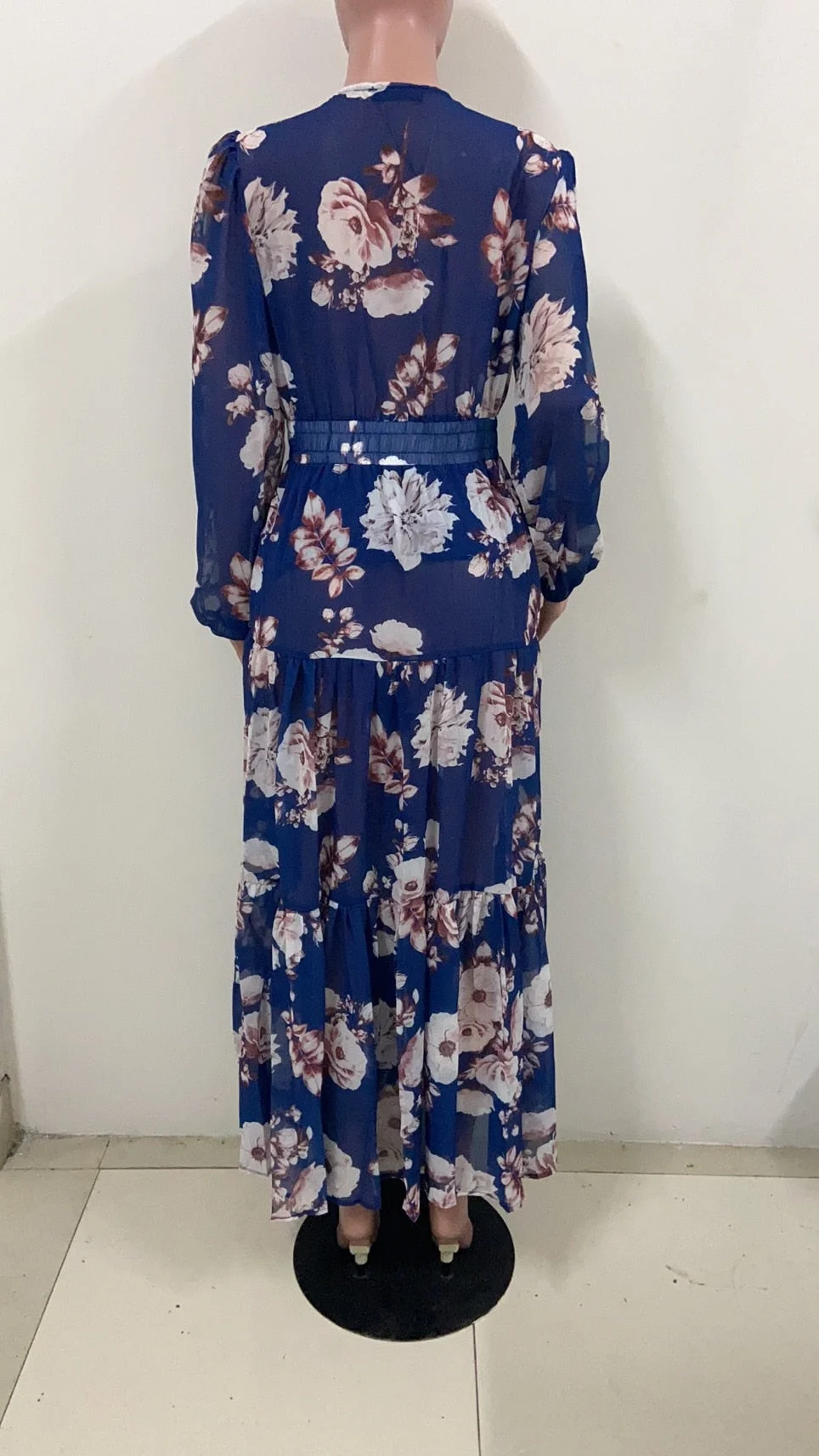 Nncharge Summer Floral Print sexy V-Neck Chiffon Maxi Dress Casual Loose Long Sleeve Lantern Sleeve Beach Wear Style Dress