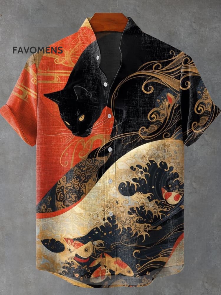 Japanese Ukiyo-E Waves Koi Black Cat Art Print Casual 100% Cotton Shirt Multicolor / S