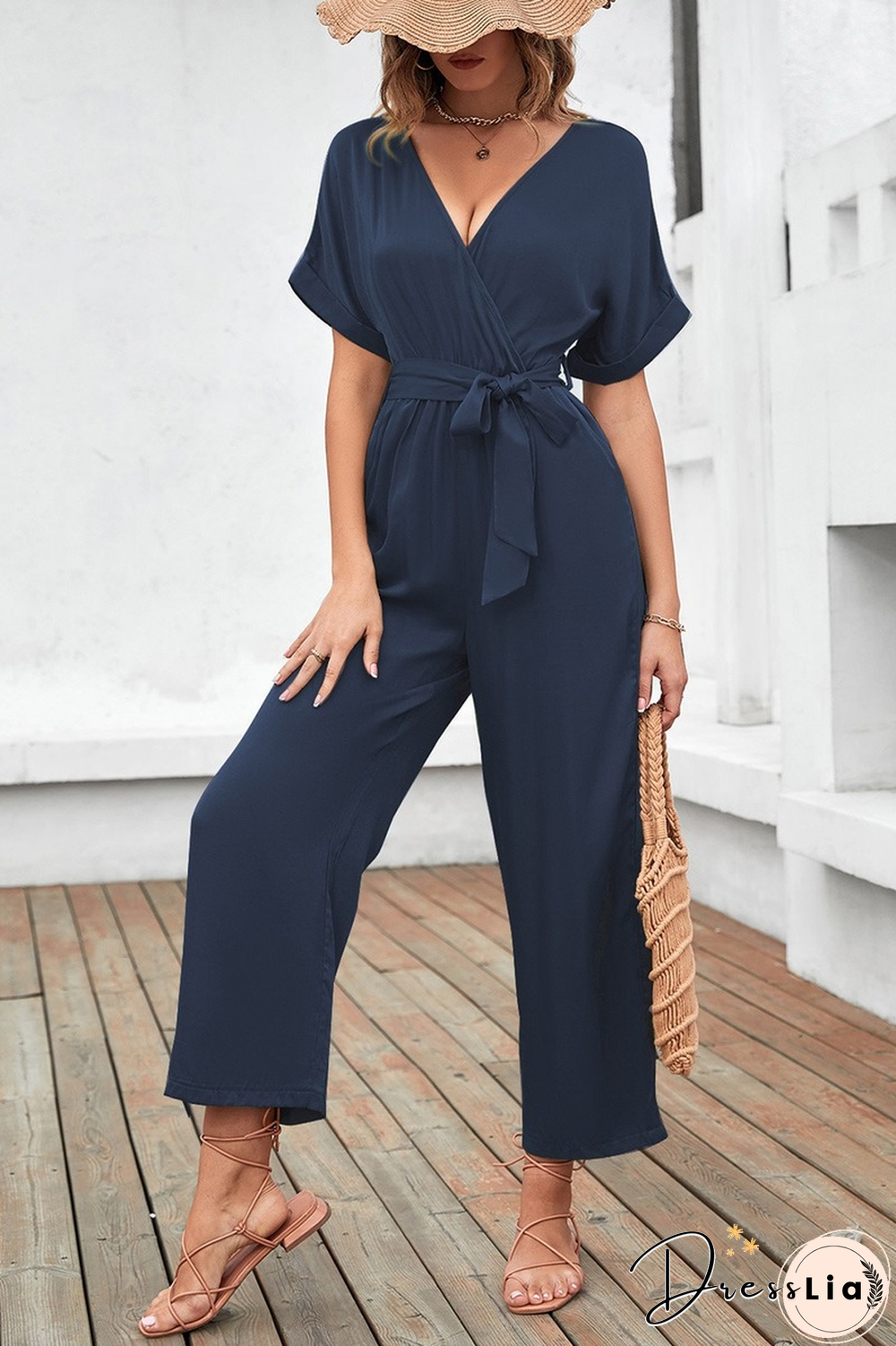 Fashion Casual Skinny Women Jumpsuit For Summer Women Jumpsuit New V Neck Lace-up Solid Waist Short Sleeve Jumpsuit