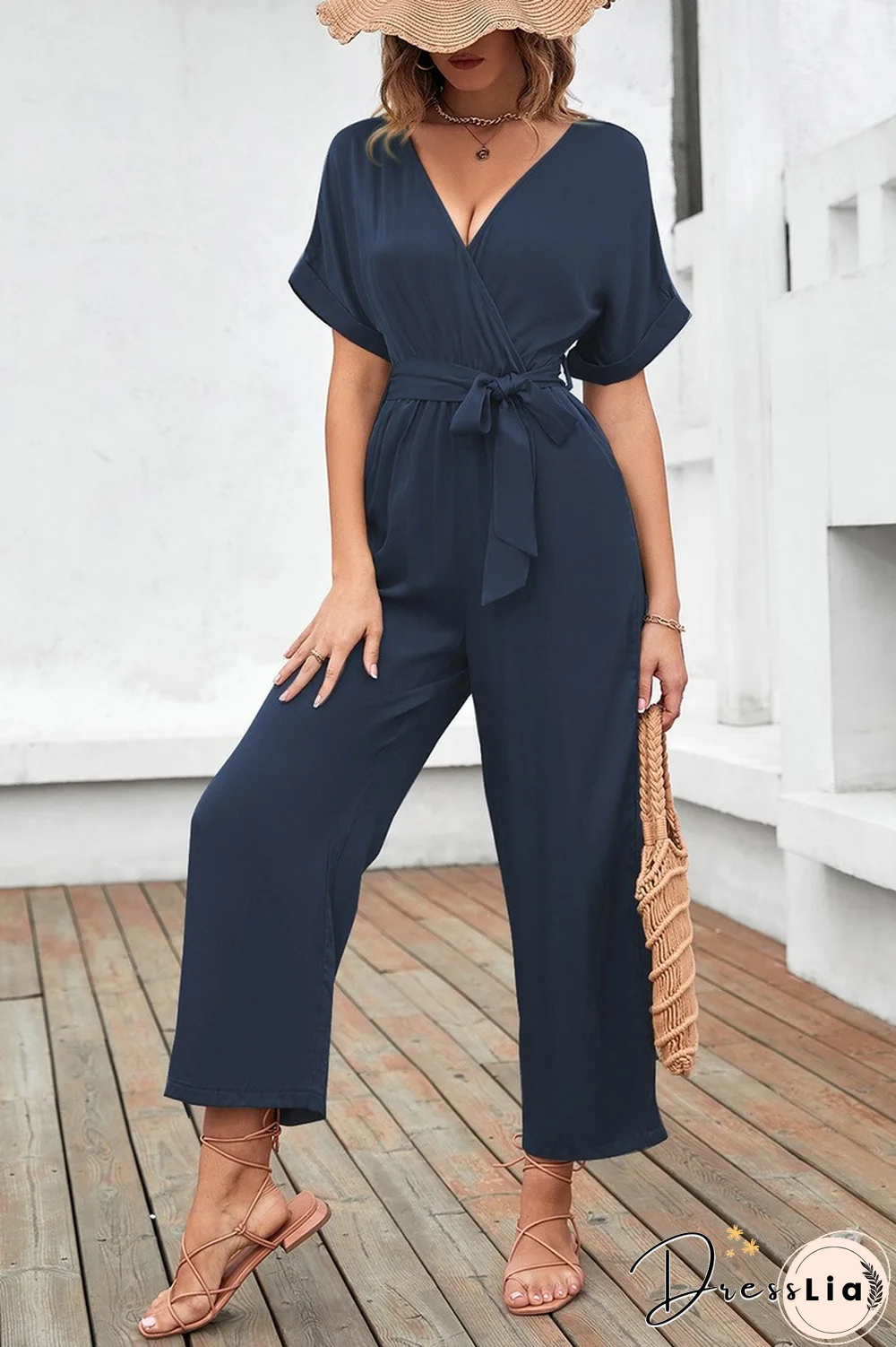 Fashion Casual Skinny Women Jumpsuit For Summer Women Jumpsuit New V Neck Lace-up Solid Waist Short Sleeve Jumpsuit