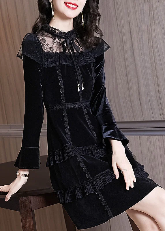Stylish Black Ruffled Neck Tie Lace Patchwork Silk Velour Mid Dress Long Sleeve