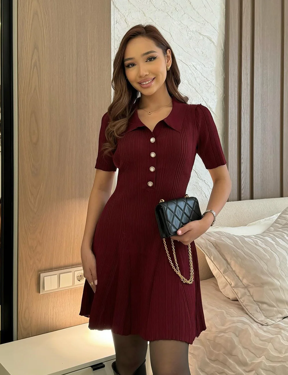 Uveng Uveng Mini Dress Knitted High-Waisted Umbrella Dress 2025 Spring/Summer Retro Elegant Skirt