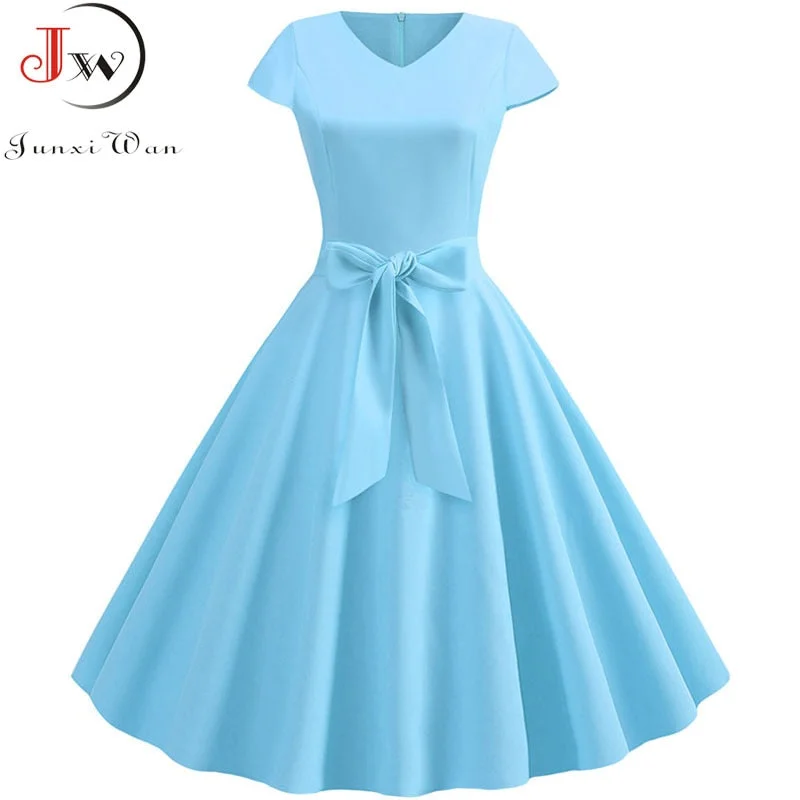 Yellow Solid Color Summer Dress Vintage Women Swing Rockabilly Dresses Robe Femme Elegant  Casual Party Midi Vestidos