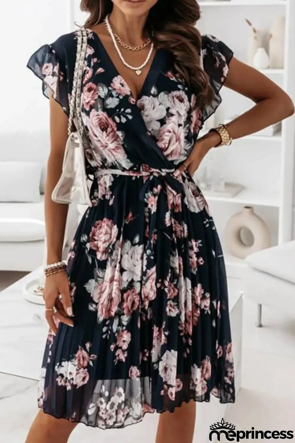 Casual Print Flounce V Neck Cake Skirt Dresses(4 colors)