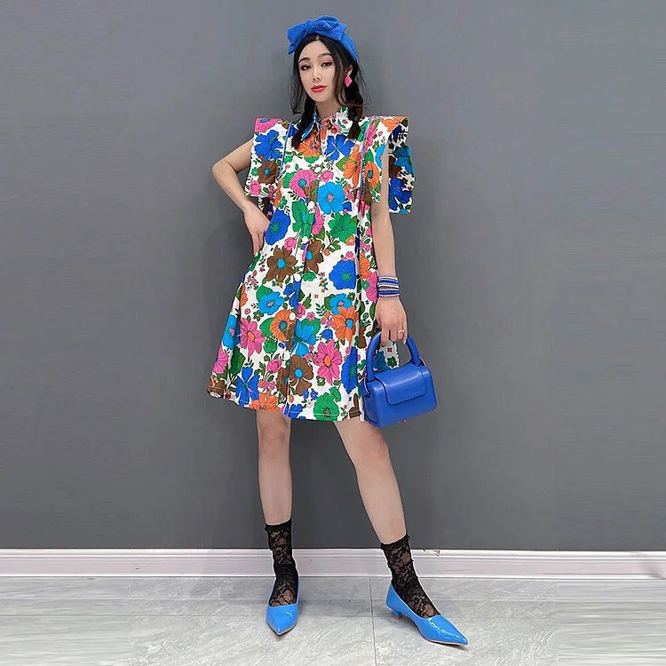 Chic Turn-down Collar Floral Printed Flying Sleeves Single Breasted Dress      
