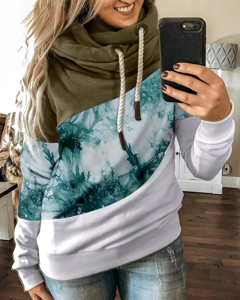 Women's Patchwork Hoodie Contrast Tie Dye Print Loose Hoodie