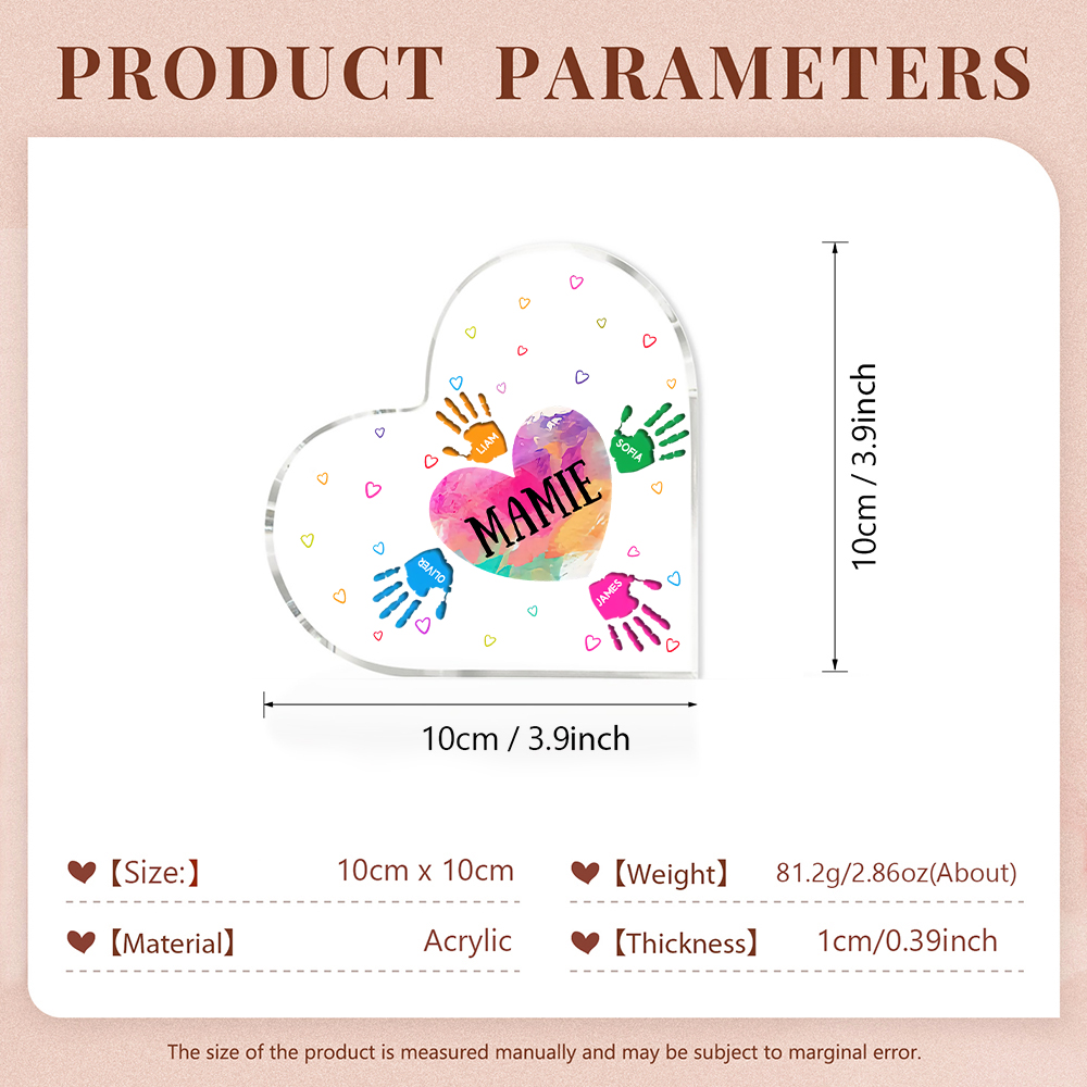 À ma Maman/Mamie - Plaque Acrylique Mains et Enfants en Forme de Cœur 5 Prénoms Personnalisés