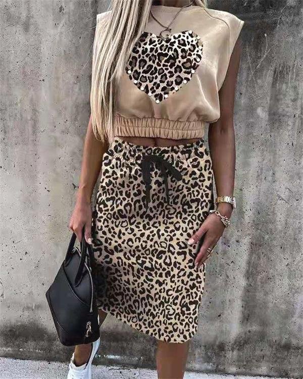 Leopard Print Sleeveless Top & Skirt Set - Chicaggo