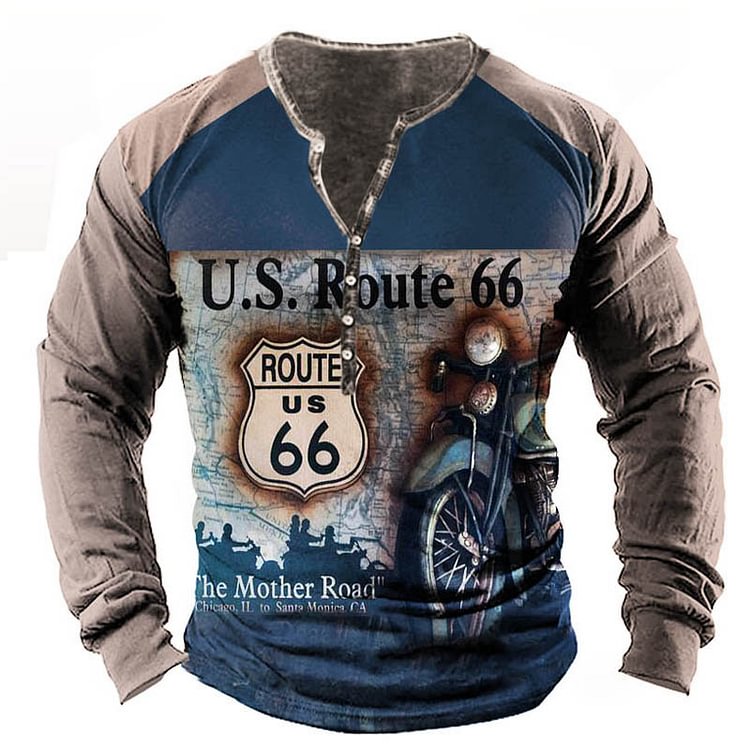 BrosWear Vintage US Route 66 Motorcycle Long Sleeve T-Shirt
