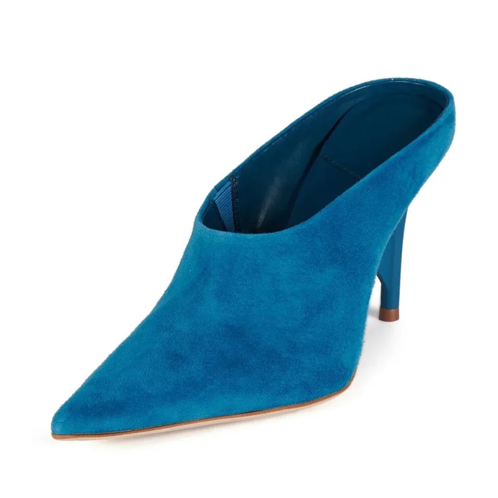 Blue Decorative Heel Pointed Toe Slip-On Mule Shoes for Women