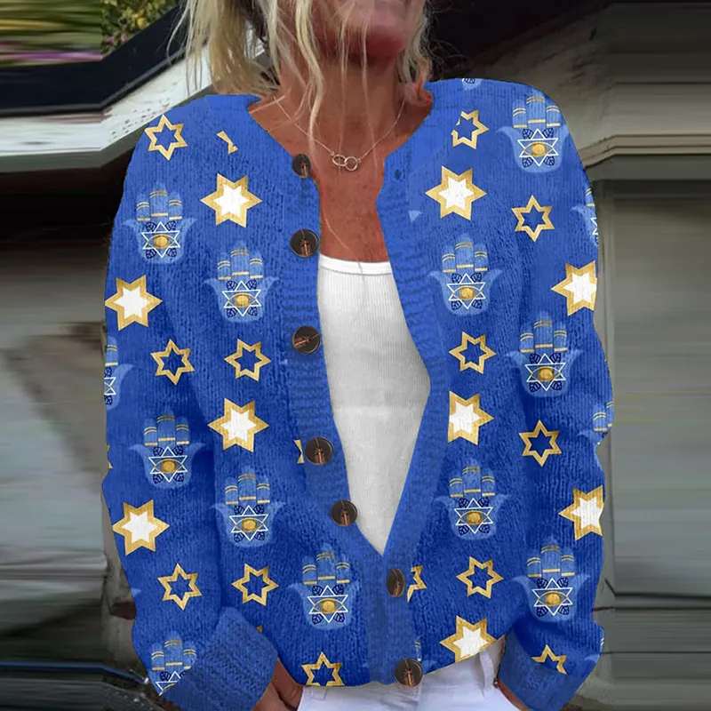 Women's Hanukkah Menorah Print Knit Cardigan