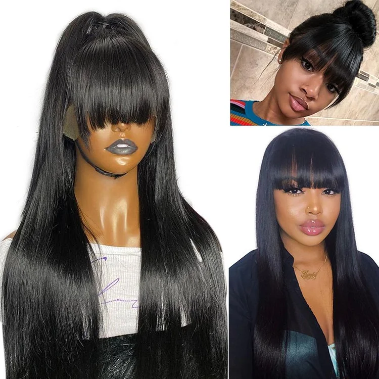 Brazilian Straight Lace Front Wig With Bangs For Women Fake Scalp Human Hair Wigs