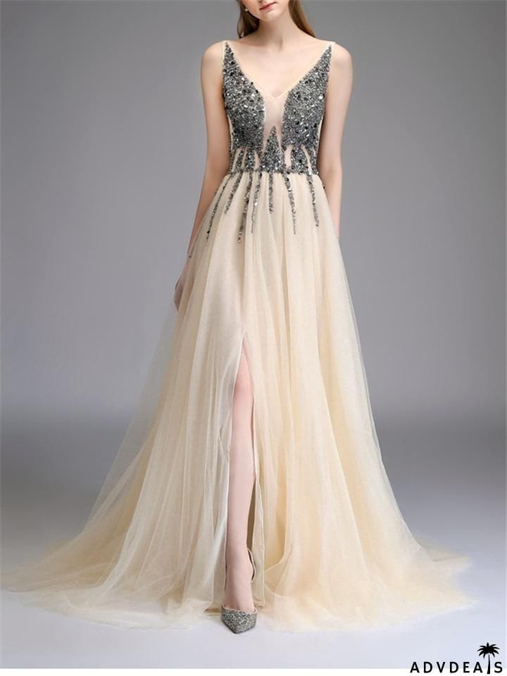 Sequined Beaded Backless Tulle Trendy Prom Dresses