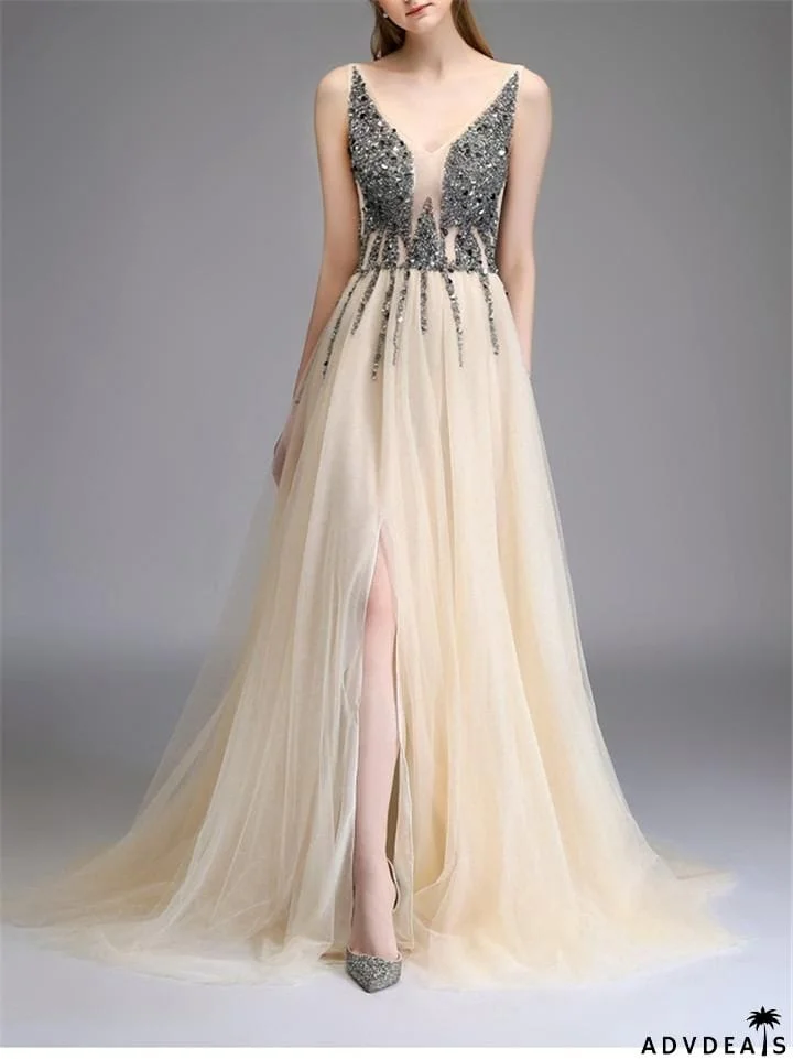 Sequined Beaded Backless Tulle Trendy Prom Dresses