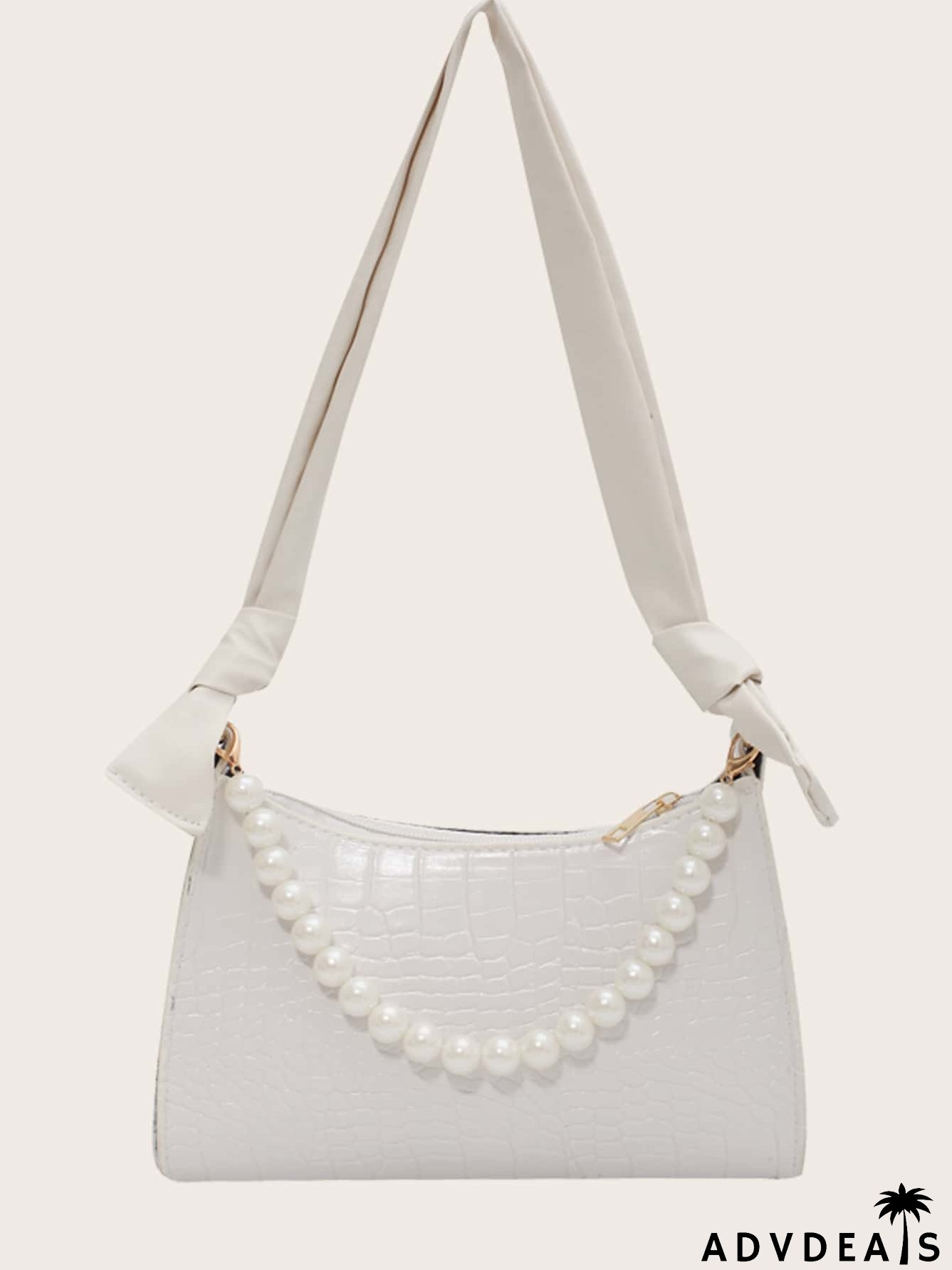 Faux Pearl Beaded Croc Embossed Shoulder Bag
