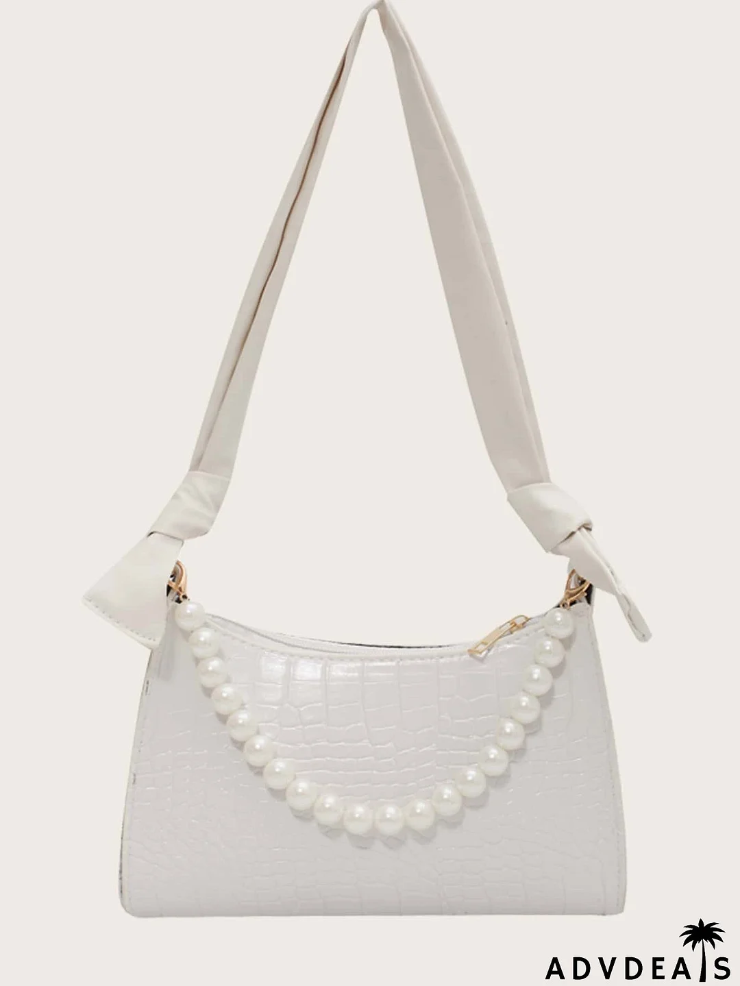 Faux Pearl Beaded Croc Embossed Shoulder Bag