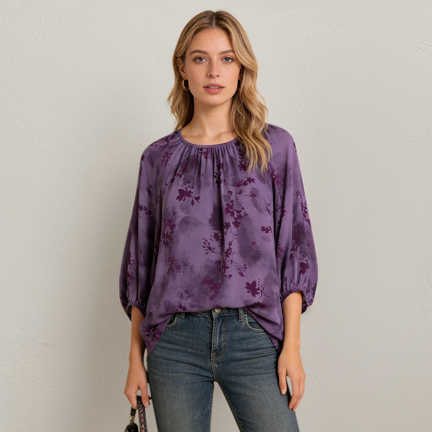 Women's Silk Crepe De Chine Top Raglan Puff Sleeves REAL SILK LIFE