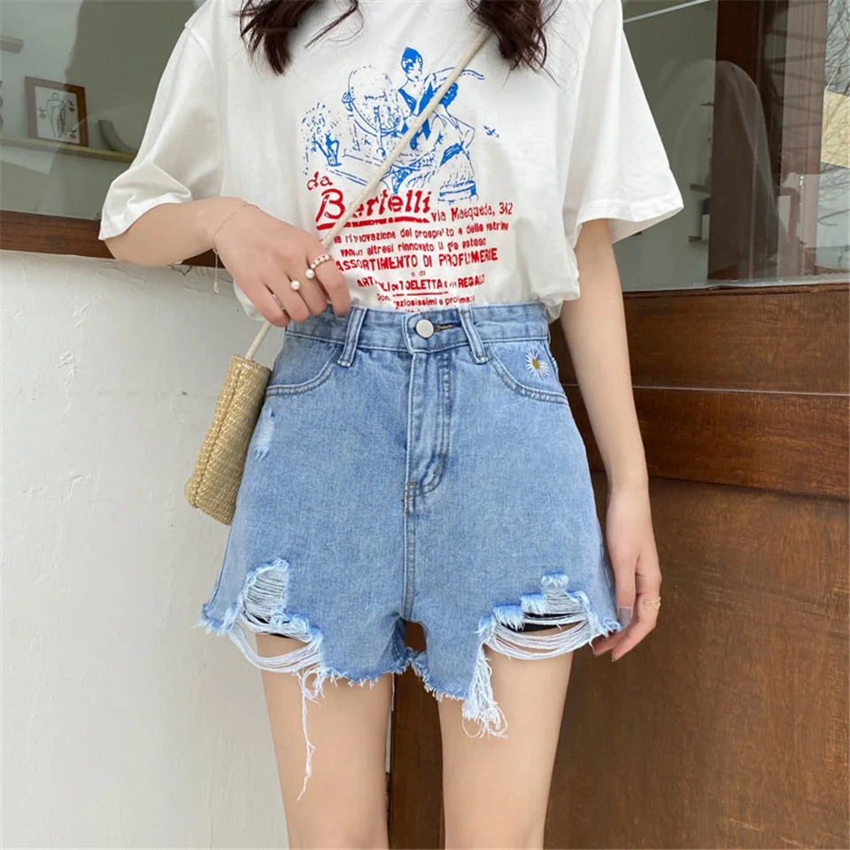 Woman Jeans Shorts Ripped Clothes High Waisted Summer Streetwear Baggy Wide Leg Vintage Fashion The New Blue Harajuku Pants