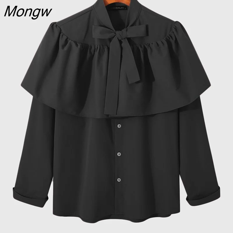 Mongw Men Shirt Solid 2023 Lapel Long Sleeve Streetwear Ruffle Loose Tie Lace Up Fashion Casual Shirts Elegant Camisas S-5XL INCERUN